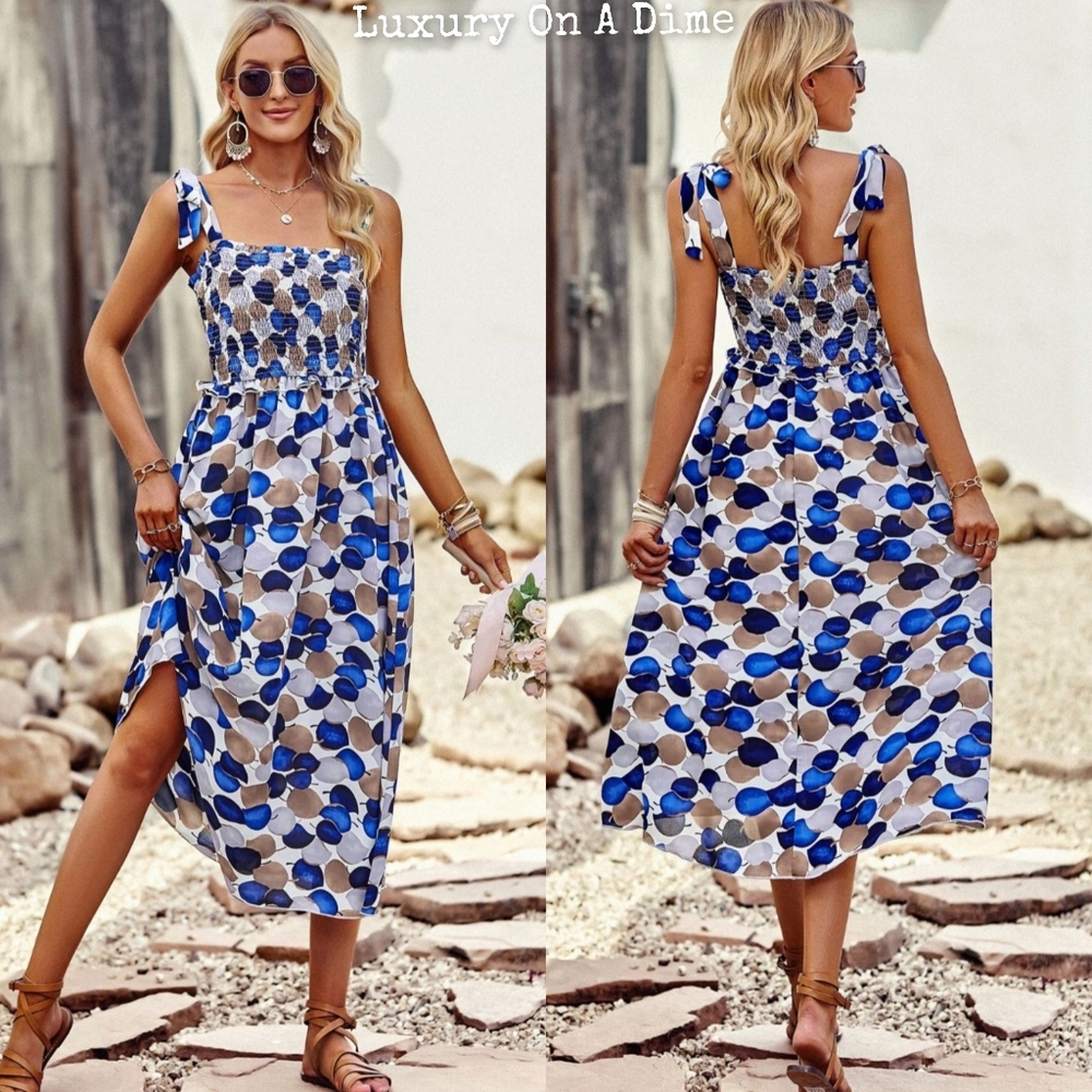 Vibrant Blue Circle Abstract Leaf Sleeveless Smocked Bodice Summer Midi Dress - Picture 8 of 10